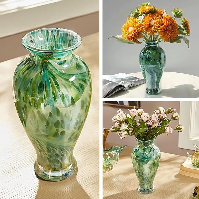 Hand Blown Green Classic Vase for Home Decor, 11.5Inch Glass Flower Vase for Shelf Decor, Living Room Decor, Centerpieces, Unique Gift for Her Mom Sister Friends