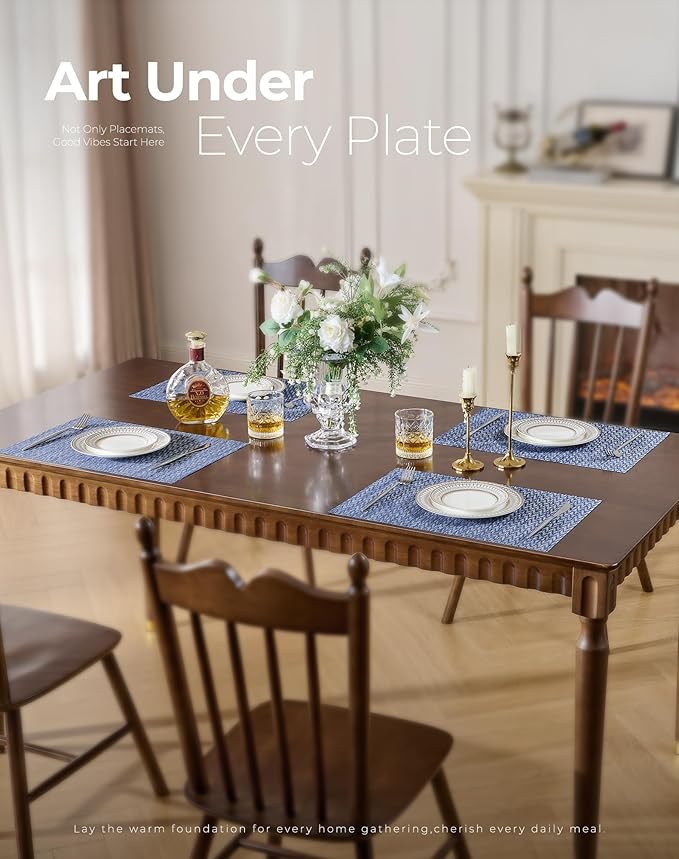 Leetaltree Blue Placemats Set of 8 - Heat Resistant Non-Slip Place mats for Dining Table, Washable Durable PVC Vinyl Woven Table Mats（Blue Zigzag, 8）