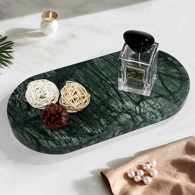 100% Real Natural Marble Tray for Bathroom, Luxury Indian Green Stone Vanity Tray, Decorative Oval Trays for Countertop Storage Organizer, Dresser, Kitchen, Home Decor, 11.8" x 6", Green