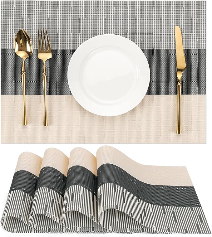 Placemats Set of 4, Vinyl Woven Place Mats Indoor Set of 4 Washable Wipeable PVC Table Mats Heat-Resistant Non Slip Plastic Placemat for Kitchen Dining Outdoor Table (Beige Black, Set of 4)