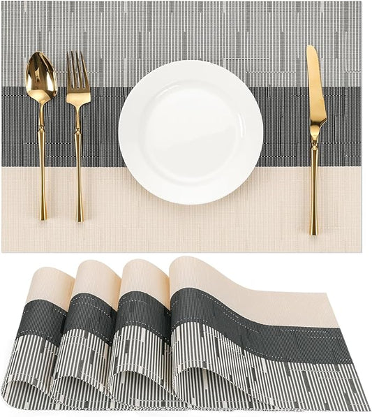 Placemats Set of 4, Vinyl Woven Place Mats Indoor Set of 4 Washable Wipeable PVC Table Mats Heat-Resistant Non Slip Plastic Placemat for Kitchen Dining Outdoor Table (Beige Black, Set of 4)