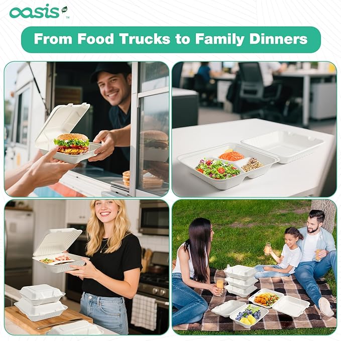 𝟴𝘅𝟴", 𝟲𝟴-𝗣𝗮𝗰𝗸 3-Compartment Clamshell Takeout Containers, 100% Compostable Heavy-Duty Disposable Paper Lunch Boxes(White)