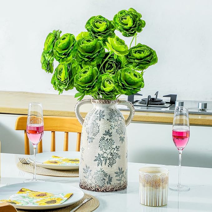 Enra Tall Vintage Blue and White Ceramic Vase with Handle, 11.2 Inch Chinoiserie Decorative Floral Vase, Large Rustic Ceramic Vase for Living Room, Office, Bookshelf, Home Decor