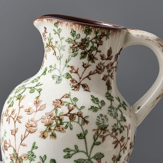 SIDUCAL Ceramic Vase with Handle, Vintage Vase, Chinoiserie Floral Vase for Home Decor, Table, Living Room, Shelf, Christmas Decoration (Green and Beige)