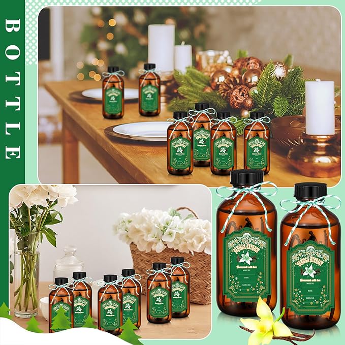Uiifan 12 Pack Amber Glass Bottles Boston Round Sample Bottles Glass jars with Lids Dark Vanilla Extract and 12 Pcs Christmas Green Snowflakes Stickers for Gift Beans(4 oz)