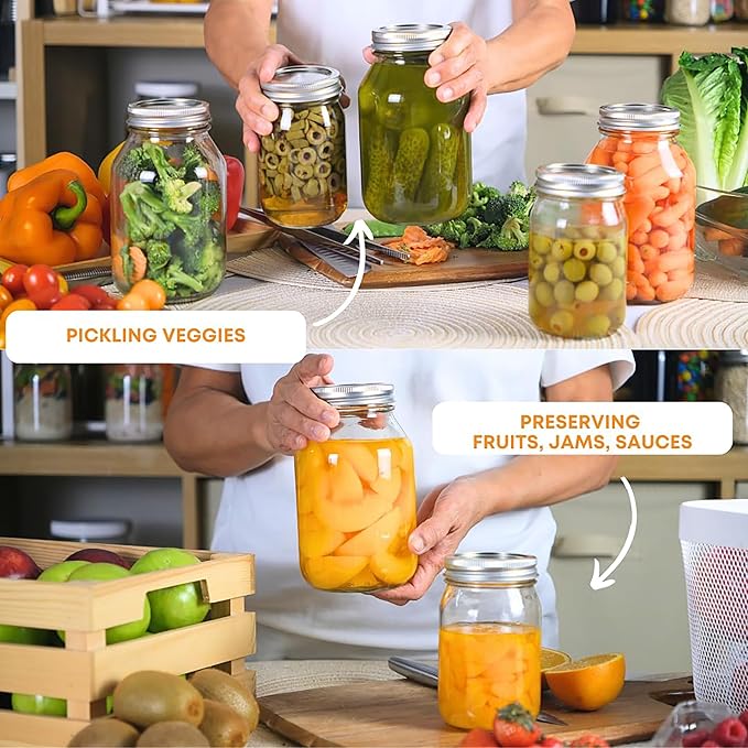 FastRack 32 oz Wide Mouth Mason Jars with Lids – Pack of 12 Quart Canning Jars for Food Storage, Pickling, Fermentation, Crafts – Reusable Airtight Large Glass Mason Jar with 1 Black Cap Gripper