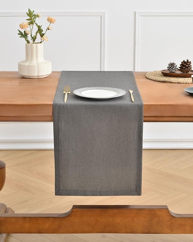 Wracra Linen Style Table Runner, Rustic Farmhouse Charcoal Grey Table Runners 108 Inches Long, Handcrafted Table Runner for Fall, Winter - Everyday Use and Machine Washable