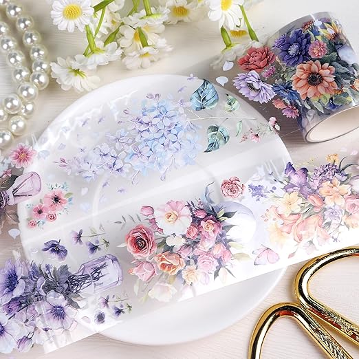Journaling Scrapbook PET Tapes - Floral Scrapbooking Junk Journal Supplies, Flower Decorative Tapes for Art Crafts, Aesthetic Washi Tapes Scrapbooking Supplies, Floral Journaling Tapes