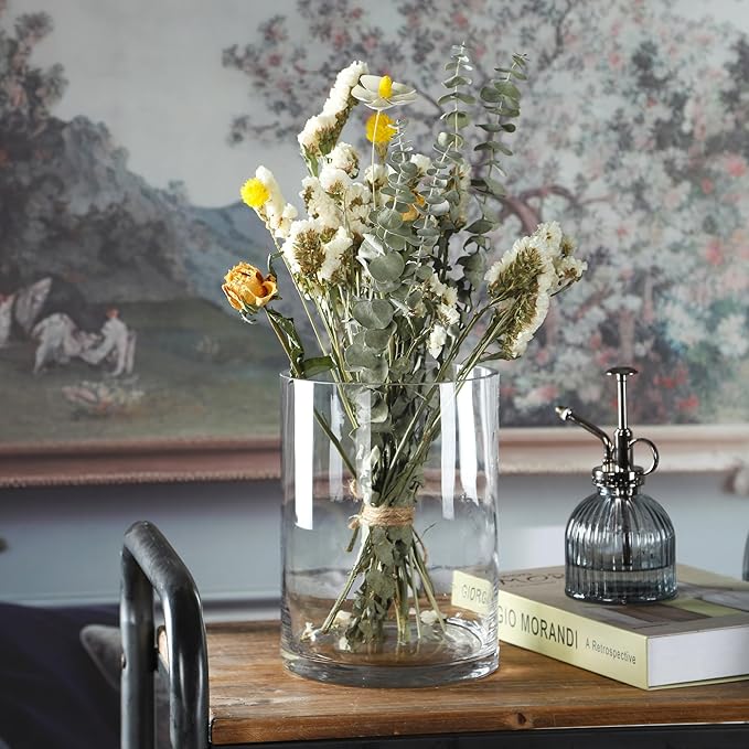 6" Wide 8" High Large Hand Blown Sturdy Clear Cylinder Glass Vase, Centerpiece Flower Vase for Rose, Tulip, Boquets, Hurricane Candle Holder (2, 6"x8")