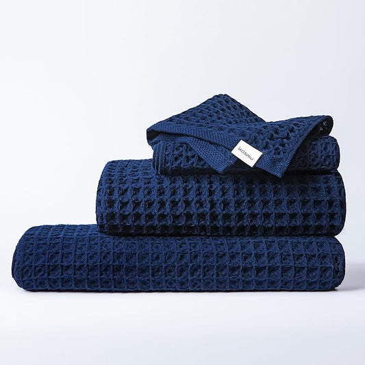 Luxury Japanese Cotton Waffle Bath Towel | Plush, Absorbent, and Quick Dry | Free Storage Bag Included (Ocean Blue, Complete Set (4-Piece))