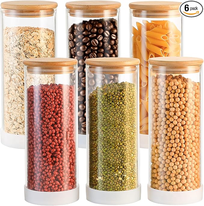 34oz Round Glass Storage Containers with Bamboo Lids – 6 Pack Medium Clear Food Airtight Glass Jars for Pantry Organizers and Storage, Kitchen Dry Food, Flour, Cereal, Coffee Beans & Staples