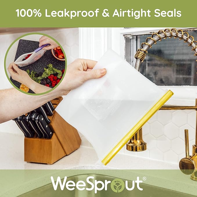 WeeSprout 100% Silicone Reusable Food Storage Bags | Set of 7 Leakproof & Airtight Pouches (Four 4 Cup Bags and Three 6 Cup) | Freezer & Microwave Safe | Dishwasher Safe | for Lunches and Snacks