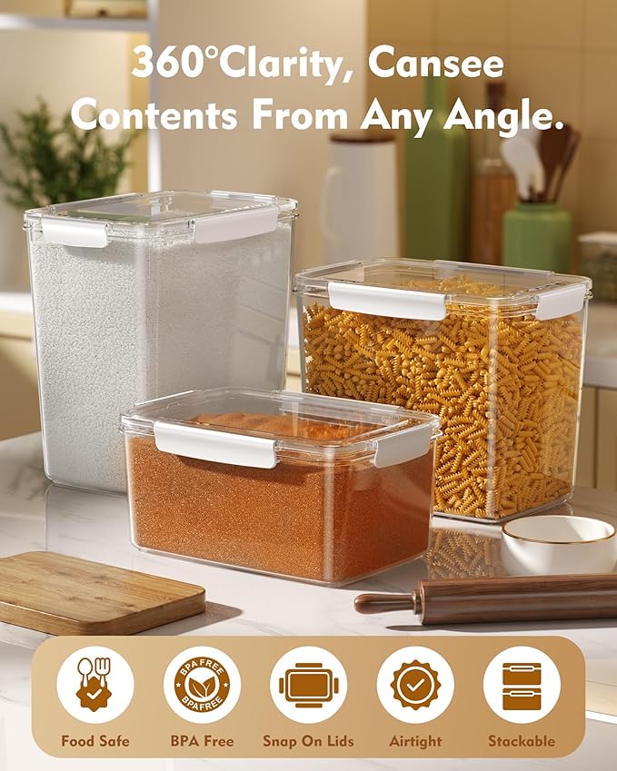 Flour Sugar Storage Containers Set of 3(12L/403oz)(10L/336oz) (6L/201oz),Clear Extra Large Food Storage Containers with Lids for Cereal,Flour,Sugar,Rice,BPA Free & Airtight Kitchen Pantry Organization