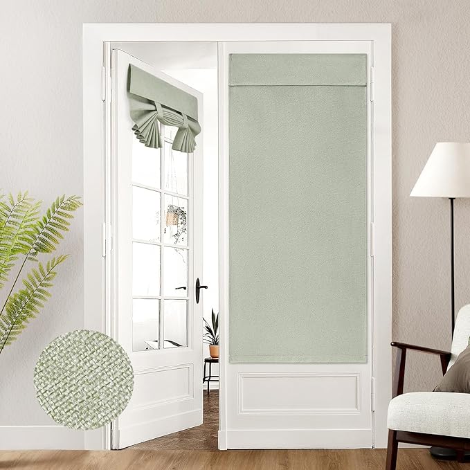 HOMEIDEAS 100% Sage Green Linen Blackout French Door Curtains, Privacy Door Window Curtains, 30 X 68 Inch Room Darkening Blinds, Thermal Insulated Shades for Bedroom, 1 Panel