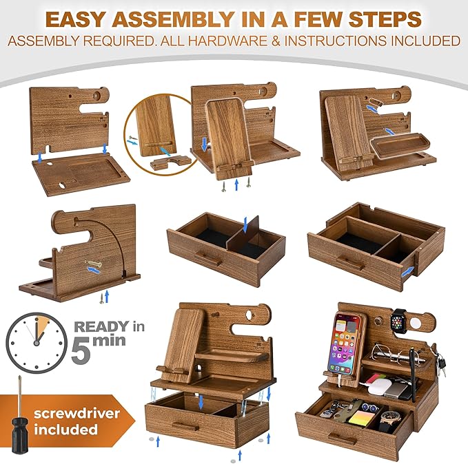 TESLYAR Wood Phone Docking Station with Drawer - Nightstand Organizer - Desk Organizer for Husband - Birthday Gifts for Men, Dad, Anniversary Idea, Key Holder Stand Watch & Accessories (Earth Beige)