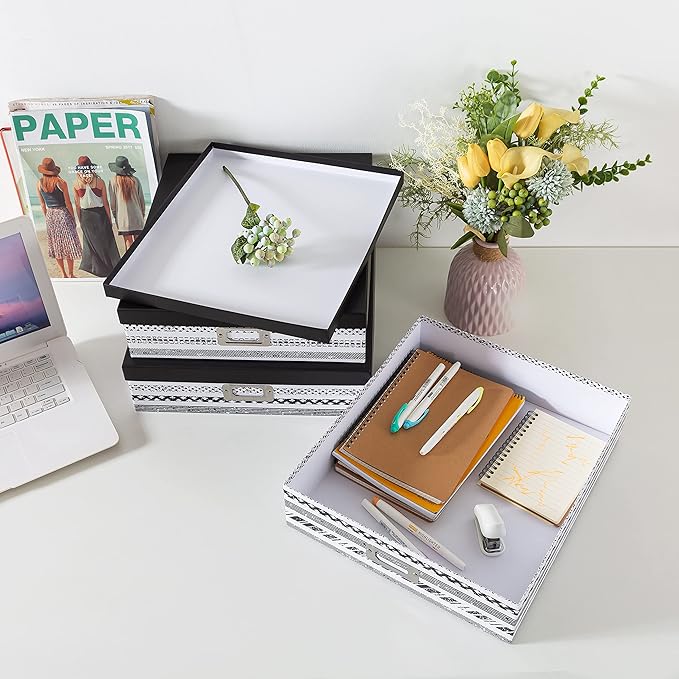 SLPR Nesting Decorative Storage Boxes With Lids for Home Decor - Set of 3: Black and White Photo Storage, Cardboard Document Boxes for Scrapbook, Keepsake, Memories