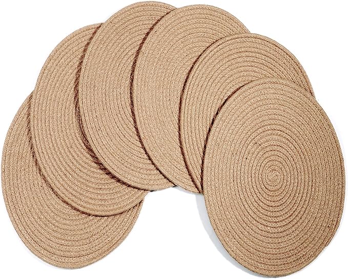 Jute Woven Placemats Set of 6, Round Braided Tablemats 13.8 inch Natural Jute Plat Chargers Handmade Woven Placemats Heat Resistant Non-Slip Potholder for Table Decoration