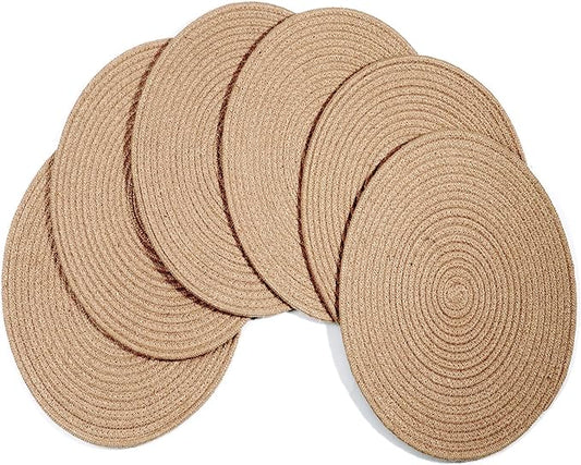 Jute Woven Placemats Set of 6, Round Braided Tablemats 13.8 inch Natural Jute Plat Chargers Handmade Woven Placemats Heat Resistant Non-Slip Potholder for Table Decoration