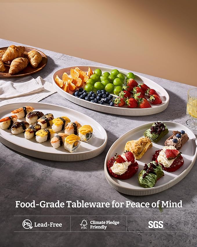 famiware Serving Platter, 16/14.6/12.9 Inch Serving Dishes for Entertaining, Party Serving Trays for Food, Buffet Oval Platters for Food, Large Plates for Bread Turkey Cheese Appetizer, Matte White