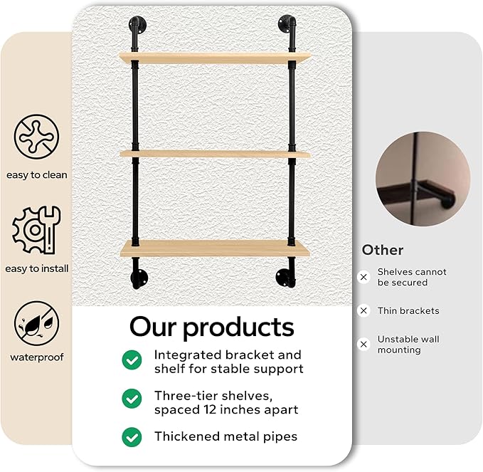 3-Tier Industrial Pipe Floating Shelf – Rustic 24 inch Wood Wall-Mounted Storage Shelf for Kitchen Office,Bathroom & Home Decor -White Oak