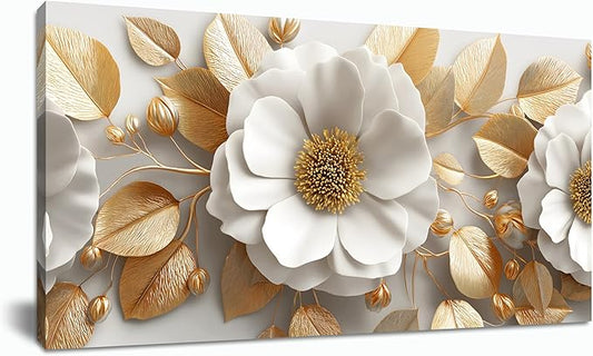 Tarfupth Floral Canvas Wall Art for Living Room Gold and White Flowers Large Botanical Artwork for Bedroom Office Home Decor Canvas Prints 20"x40"