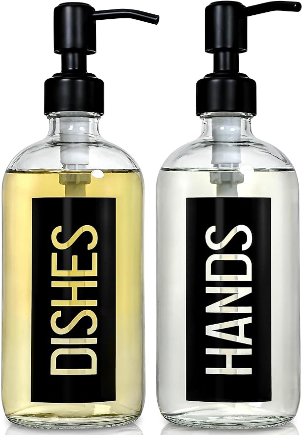 JASAI 2Pack 18OZ Glass Soap Dispenser, Black Stainless Steel Pump, Kitchen Dispenser with Classy Label, Refillable for Dishes