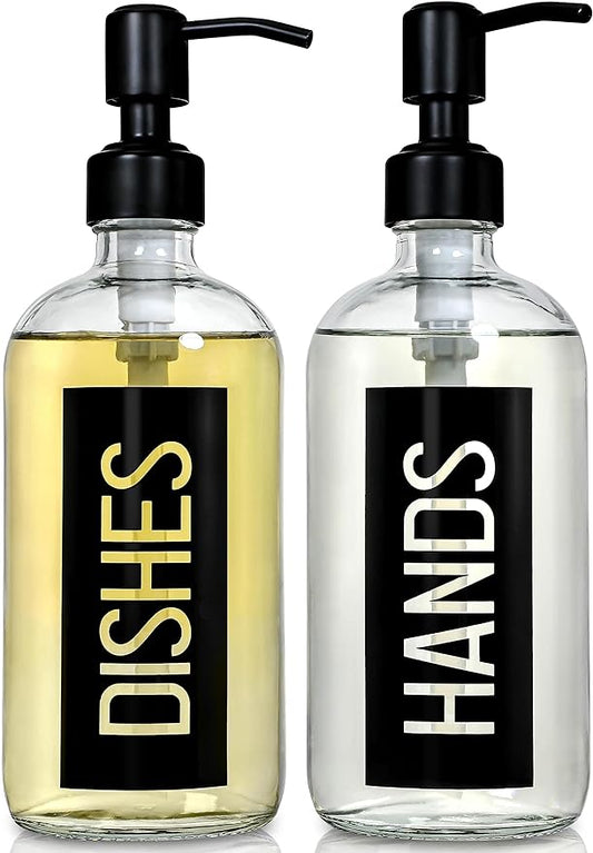 JASAI 2Pack 18OZ Glass Soap Dispenser, Black Stainless Steel Pump, Kitchen Dispenser with Classy Label, Refillable for Dishes