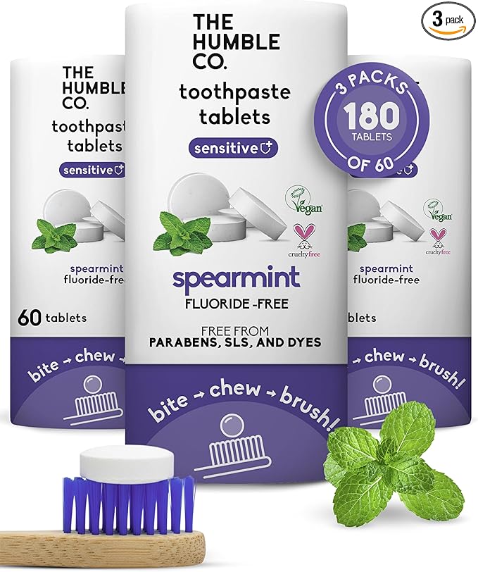 The Humble Co Sensitive Chewable Toothpaste Tablets, Spearmint - Fluoride-Free Toothpaste Tabs for Sensitive Gums & Teeth - Bite, Chew, Brush - Travel-Friendly Dental Oral Care & Hygiene - 180 Count
