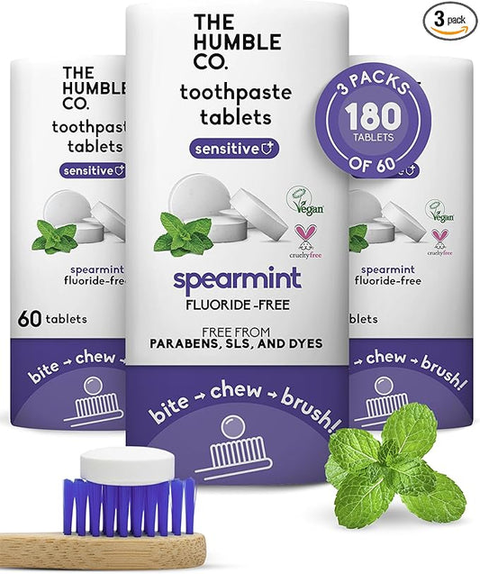 The Humble Co Sensitive Chewable Toothpaste Tablets, Spearmint - Fluoride-Free Toothpaste Tabs for Sensitive Gums & Teeth - Bite, Chew, Brush - Travel-Friendly Dental Oral Care & Hygiene - 180 Count