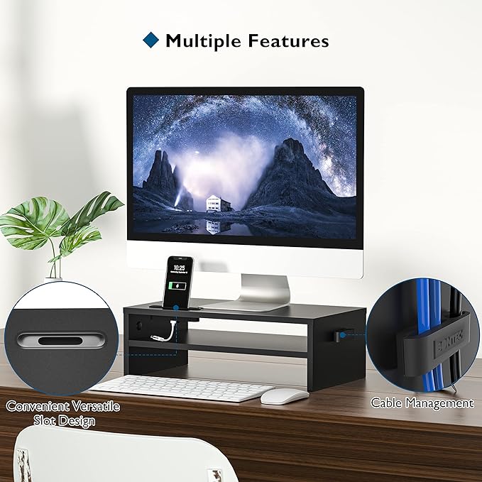 BONTEC Wooden Monitor Stand Riser, 2-Tier Desk Shelf with Storage Organizer, Ergonomic Computer Stand with Cable Management, Cellphone Holder, Black, 16.5 Inch