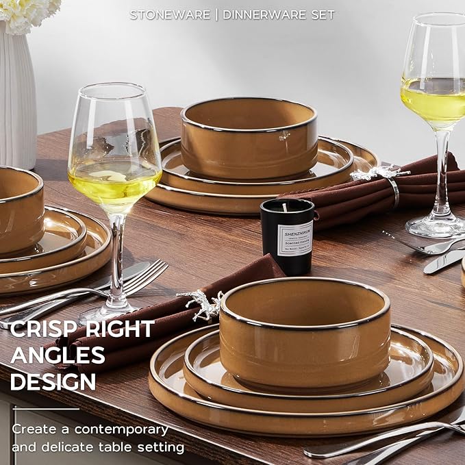 Onader Dinnerware Dishes Sets for 8, Stoneware Plates and Bowls with Unglazed Terracotta Bottom, Ceramic Kitchen Dinner Dish Set 24 Piece - Earthy Umber