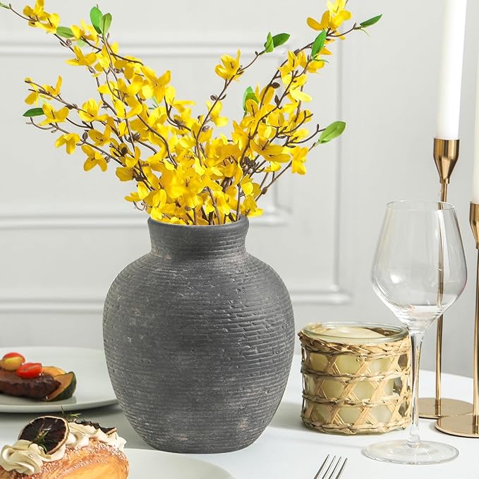 Ceramic Flower Vase Home Decor - Small Farmhouse Table Vases Rustic Vintage Living Room Kitchen Bedroom Decorations for House Book Shelf Office Coffee Desk Dining Fireplace (6" Black)