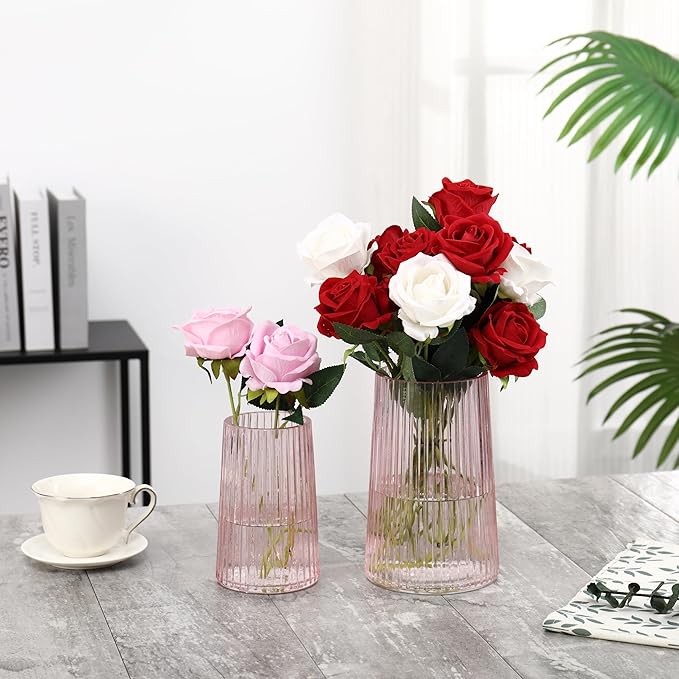 Ribbed Flower Vases Set of 2, Pink Vases for Flowers, Flower Vase for Bouquet, Modern Ribbed Glass Vase for Living Room, Bedroom, Dining Table, Office, Wedding, Centerpieces