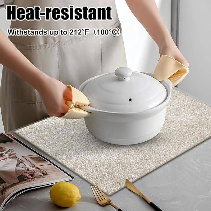 Homaxy Faux Leather Heat Resistant Placemats for Dining Table Set of 8, Waterproof Wipeable Washable PU Table Mats, Easy to Clean Anti-Slip Place Mats, 11.8" x 17", Beige