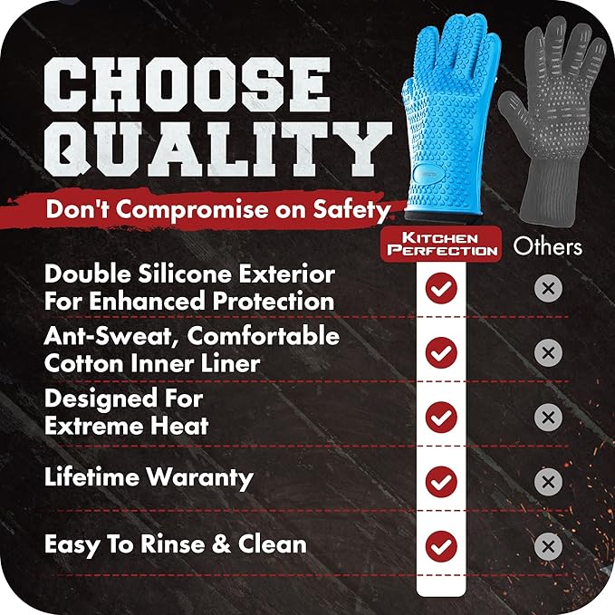 KITCHEN PERFECTION Silicone Smoker Oven Gloves-Extreme HeatResistant BBQ Gloves-Handle Hot Food Right on Your Grill BBQ Fryer&Pit|Waterproof Grilling Cooking Baking Mitts|Superior Value Set+3 Bonuses