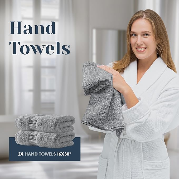 White Classic Luxury Bath Towel Set of 8 Pieces - 100% Turkish Cotton Highly Absorbent Towels for Bathroom, 2 Luxury Bath Towels 700GSM, 2 Hand Towels, 4 Washcloths, Light Gray