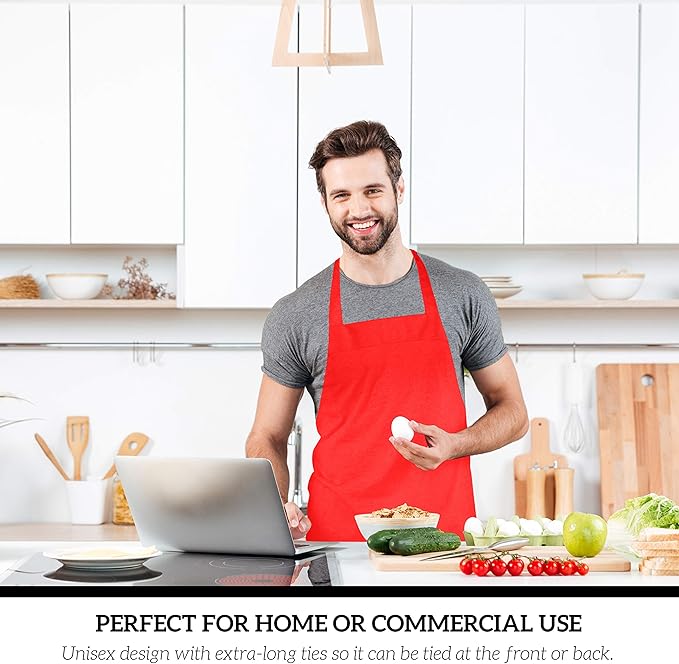 GREEN LIFESTYLE 12 Pack Bib Apron - Unisex Red Aprons, Machine Washable Aprons for Men and Women, Kitchen Cooking BBQ Aprons Bulk (Pack of 12, No Pockets, Red)