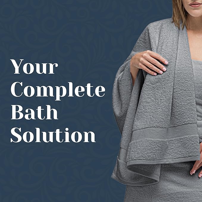 White Classic Luxury Bath Towel Set of 8 Pieces - 100% Turkish Cotton Highly Absorbent Towels for Bathroom, 2 Luxury Bath Towels 700GSM, 2 Hand Towels, 4 Washcloths, Dolphin Gray