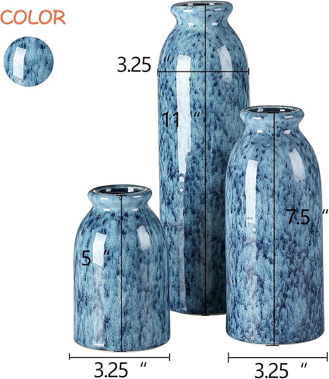 CWLWGO-Blue Ceramic Vase Set, Farmhouse Country Blue Vases for Home Decor, Vases for Your Kitchen Living Room Table Decoration, Shelf Centerpiece and Entrance Decorations.