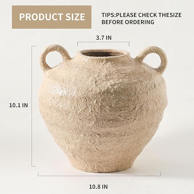 Ceramic Flower Vase, Large Farmhouse Vases Home Decor, Handmade Rustic Vase with Handles, Decorative Flower Vase for Home Entryway Living Room Dining Table Farmhouse Office Decor(10.1inch)