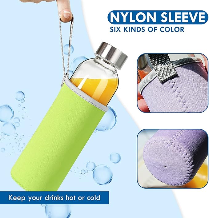 YEBODA Glass Water Bottles 18oz Bottles For Beverage and Juicer Use Stainless Steel Caps - Including Colorful Nylon Protection Sleeve,Pack Of 6