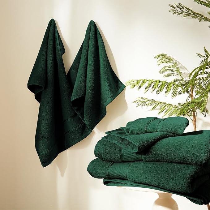 Marvione Bath Towels Set 6 Piece, 100% Turkish Cotton Highly Absorbent and Soft Towels for Bathroom 2 Bath Towels 2 Hand Towels 2 Washcloths, Deep Green