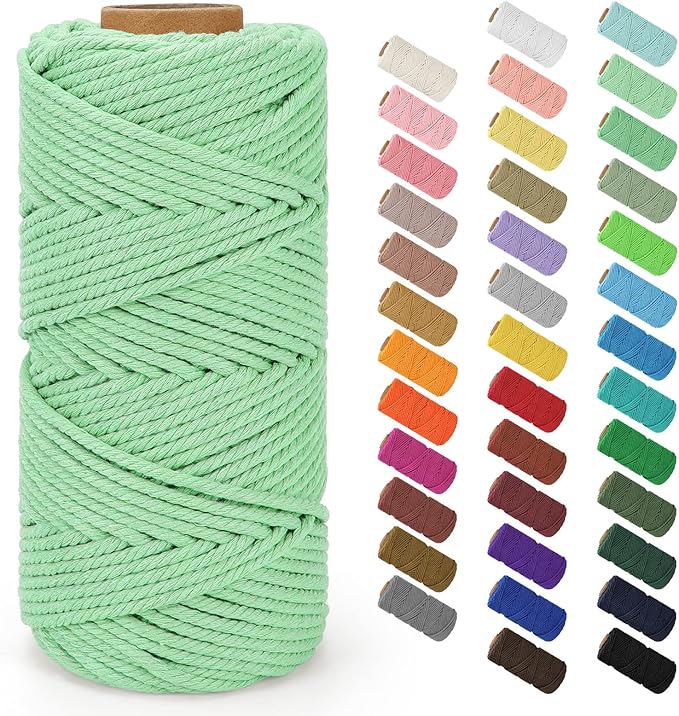 Macrame Cord 4mm x 109Yards (328Feet), Natural Cotton Macrame Rope - 4 Strands Twisted Macrame Cotton Cord for Wall Hanging, Plant Hangers, Crafts, Gift Wrapping and Wedding Decorations, Pea Green
