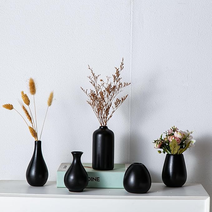 Black Ceramic Bud Vase Set of 11, Small Vases for Pampas Grass, Flowers, Mini Vases for Modern Home Decor, Minimalist Decor, for Living Room, Dining Table & Shelves