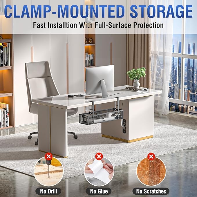 Under Desk Cable Management Tray - GZOKMOG No Drill Cord Organizer with Clamp, Reinforced Metal Mesh Workspace Organizers for Wire, Office Desk Accessories, 2 Pack Black, 15.75 inch