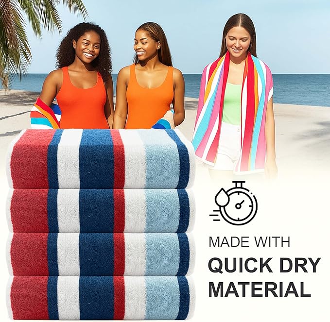 CASA COPENHAGEN Bora Bora Beach Towels Designed in Denmark Rough and Tough, Quick Dry, for Pool, Bath & Shower 30x60 inches 4 Pieces Cotton Beach Bath Towels Set - Red