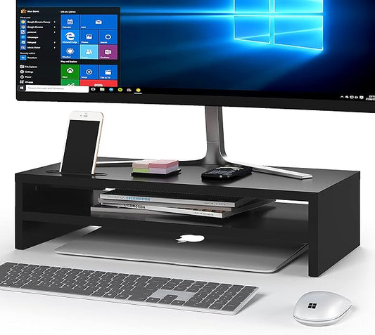 BONTEC Wood Monitor Stand Riser, 2-Tier Desktop Organizer with Storage, Ergonomic Computer Stand for Desk, Cable Management, Cellphone Holder, 21.3 Inch Shelf, Black