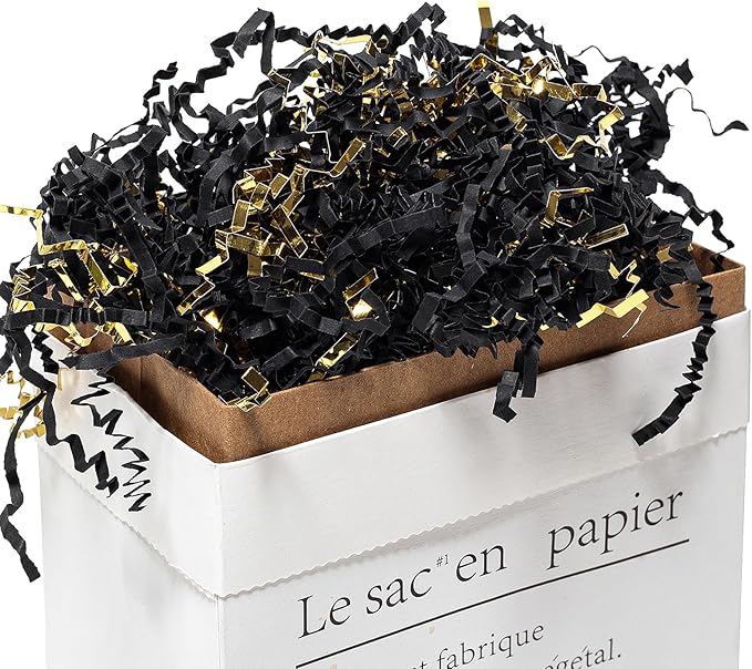 Mefleet 2 LB Crinkle Cut Paper Shred Filler Black & Gold Crinkle Shredded Paper for Gift Box - Gift Basket Bag Filler - Grass Cushion Stuffing for Christmas Holiday Packaging Wrapping