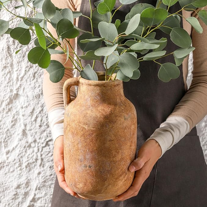 Ceramic Flower Vase Home Decor - 9.7 Inch Large Table Flowers Vases Living Room Bedroom Plant Decorations Farmhouse Vintage for Kitchen Shelf Office Coffee Dining Desk House Women (Rust, 9.7")