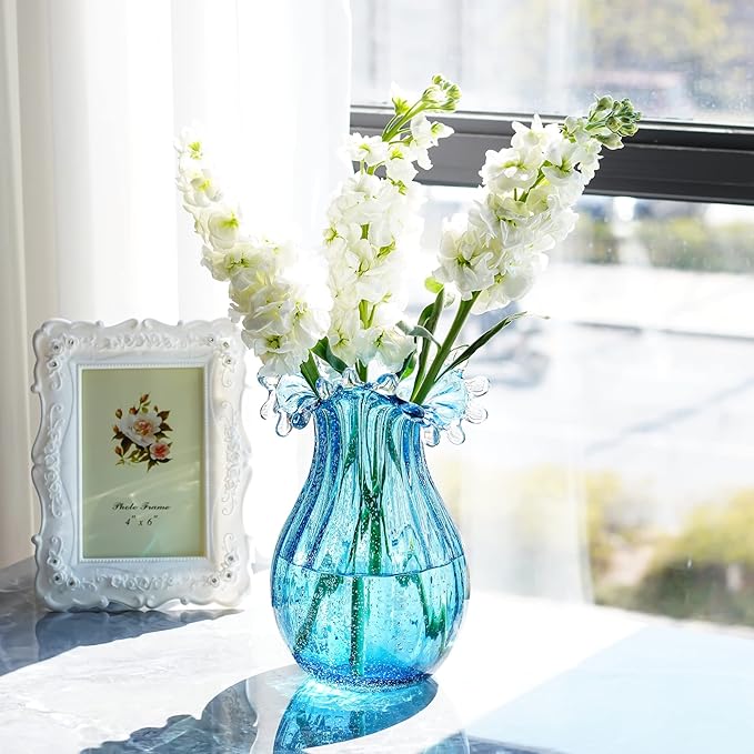 8inch Blown Glass Bubble Vase Collection Modern Art Flower Vase Decoration for Home Decor Living Room,Office,Centerpiece,Table and Wedding,Blue